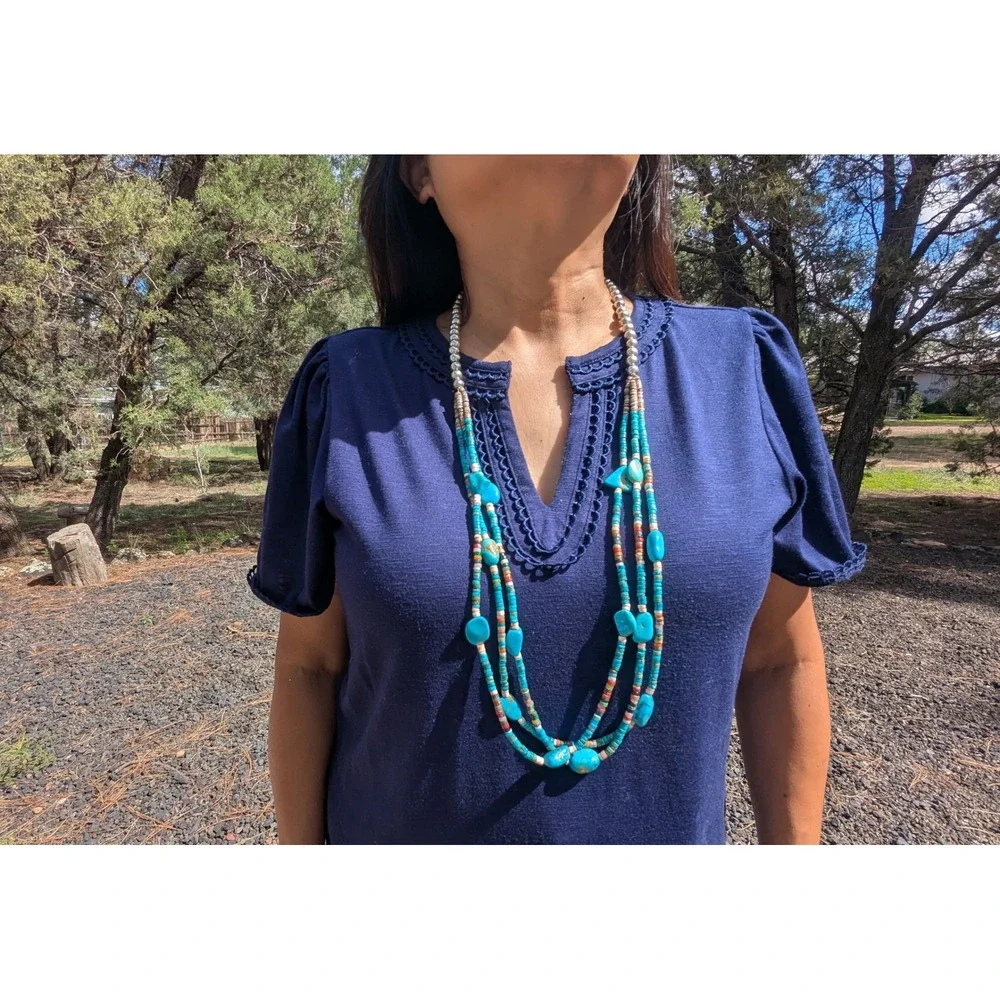 Vintage‎ Navajo Handmade Turquoise Necklace Silver Plated Beads